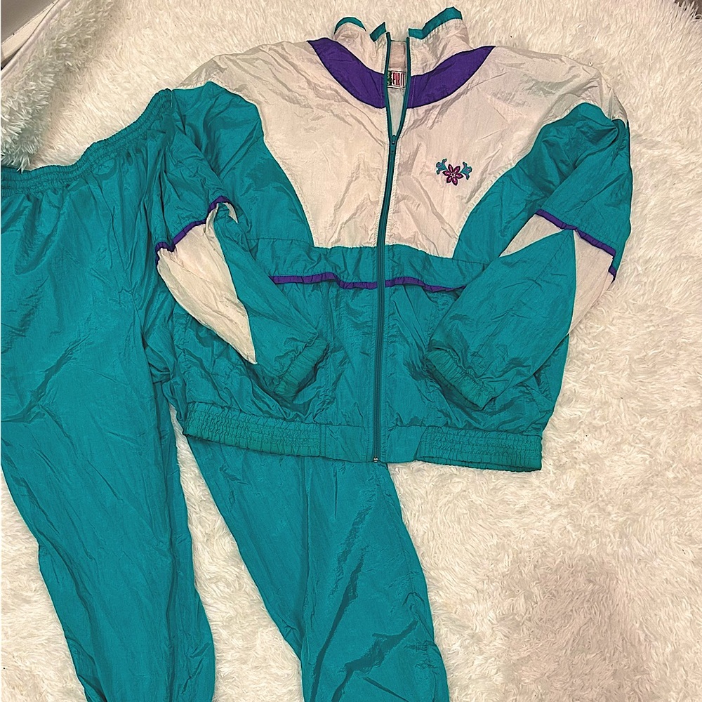Vintage 80s teal Color-block Zip Up Windbreaker Set size large L Bolo Spirit